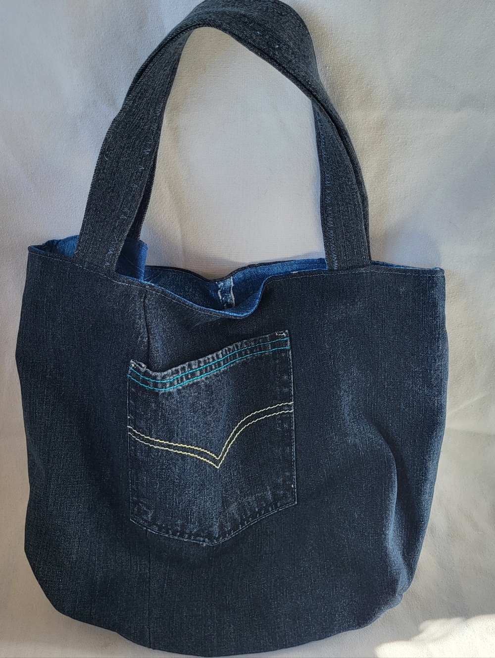 Upcycled Dark Blue Denim Tote Bag with Front Pocket Lined